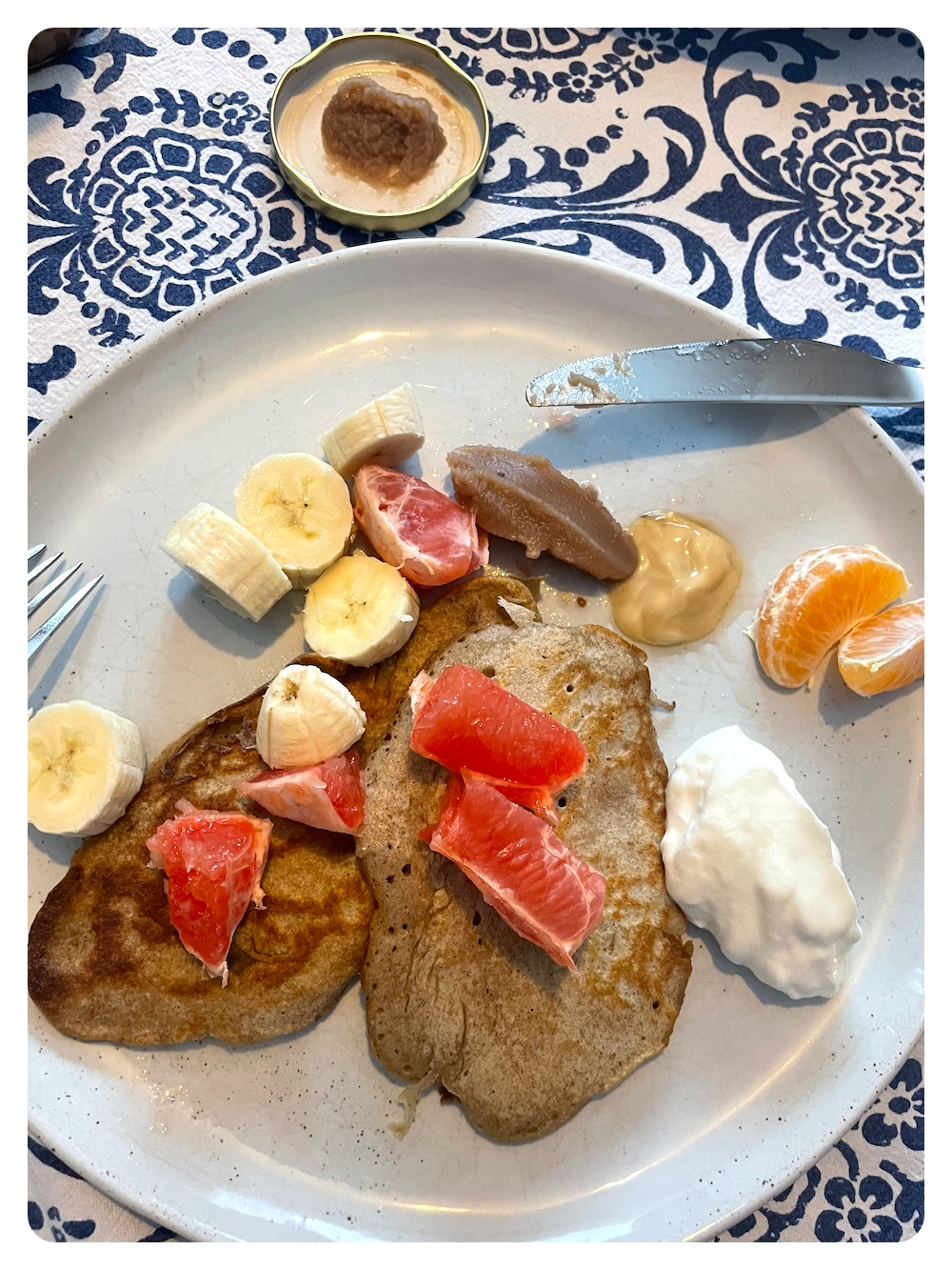 My imperfect buckwheat pancakes with crème de marron, maple butter and fromage blanc. Photo: G.G. Law